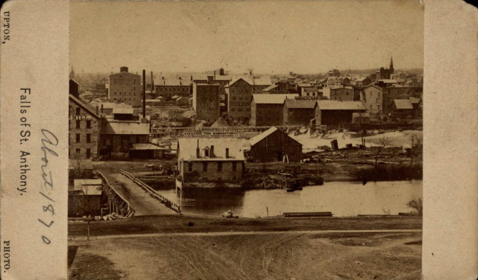 Saint Anthony Falls and the Milling District, Minneapolis, photographed circa 1870 by Benjamin Franklin Upton. The mills along the west bank harnessed the falls for the flour-milling era.